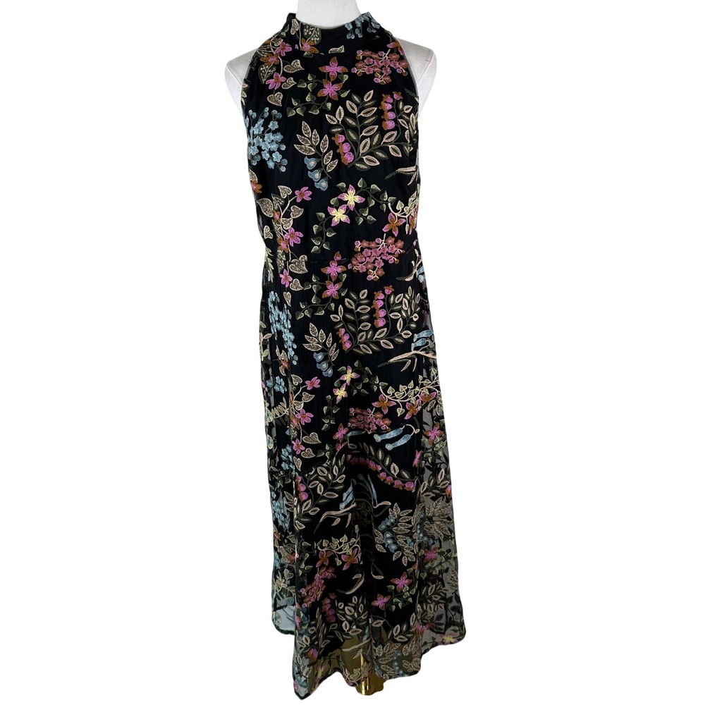 Sam Edelman Dress 14 Black Floral Embroidered Mock Neck Romantic Boho Maxi Gown